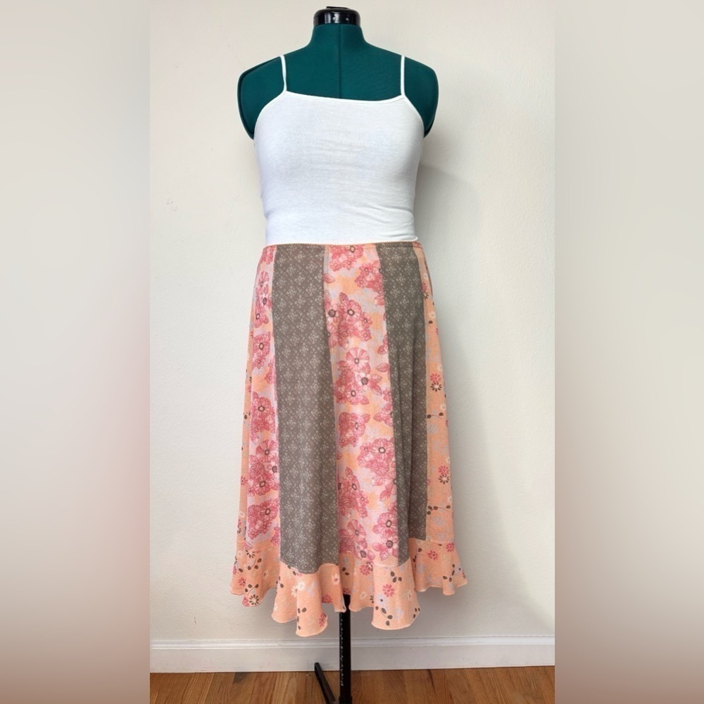 J Jill Womens Patchwork Skirt Large Coral Pink Flowy Prariecore Bohemian Whimsy